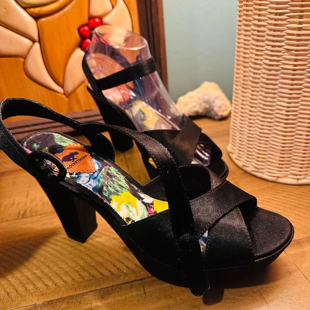 Rocketdog Black Satin Chunky Heeled Formal Event Sandal Size 8M